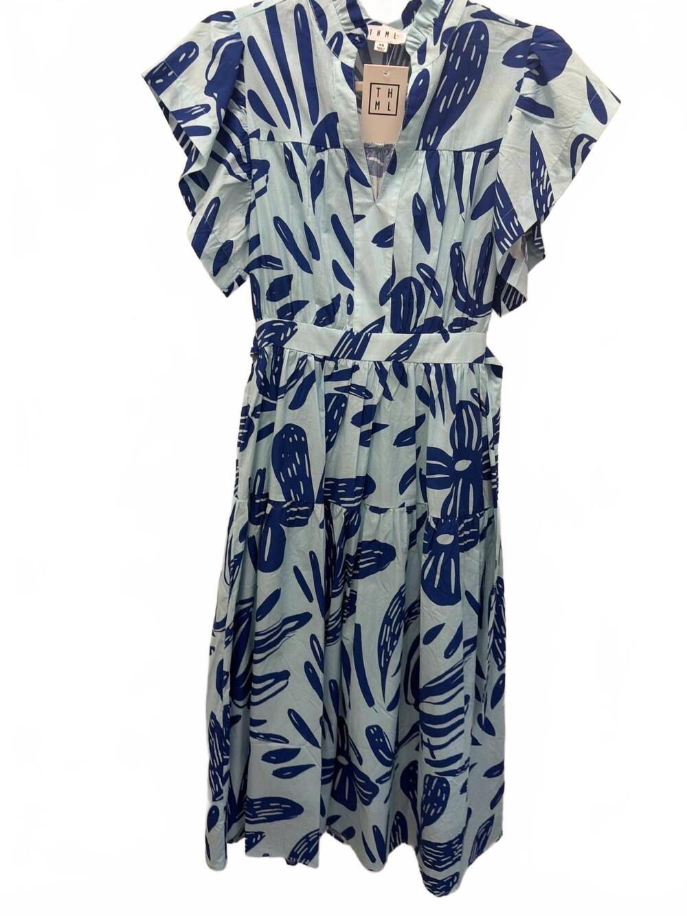 NEW THML women's leaf print midi dress in blue